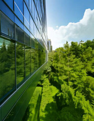 Sustainble green building. Eco-friendly building. Sustainable glass office building with tree for reducing carbon dioxide. Office with green environment. Corporate building reduce CO2. Safety glass