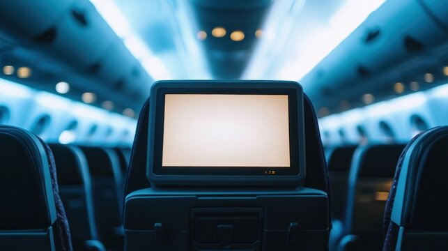 Interior of an airplane showing an empty seatback screen in a dimly lit cabin.