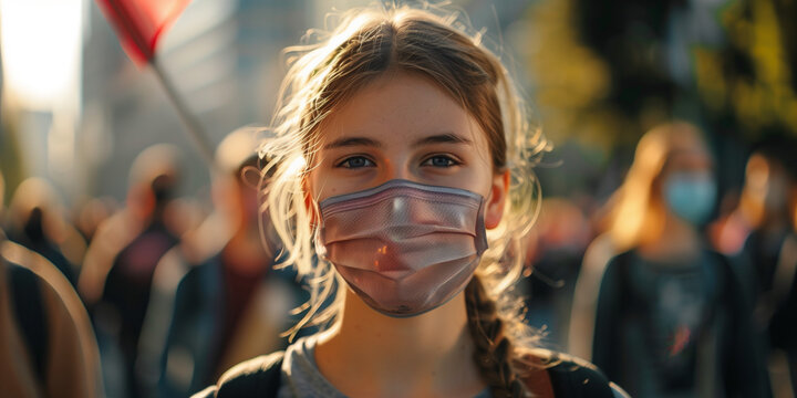 Young Girl in Mask at a Protest: A Symbol of Resilience and Change