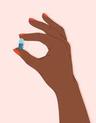 African woman hand holding in fingers pill capsule, drugs or vitamins. Medical poster or banner for healthcare. Pharmaceutical, drug store concept. Vector flat illustration in cartoon style.