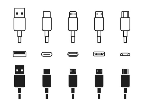 USB cable port icon set. USB type C, A, lightning and micro-usb mobile phone charger vector illustration collection. Plug adapter symbol. Electronic device connector. Smartphone charger sign.