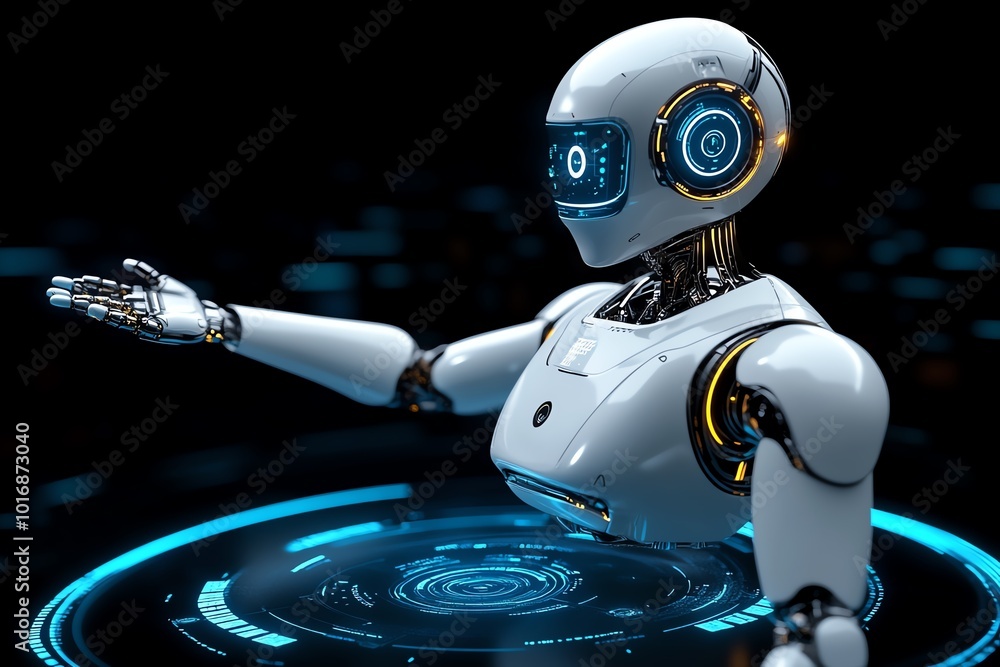 Poster Futuristic world where AI systems detect and assist people in need, offering support and kindness in a high-tech future of altruism