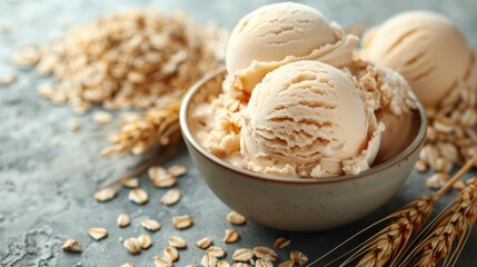 Enjoy a Mouthwatering Bowl of Delicious Oatmeal Ice Cream Garnished with Oats and Flavorful Toppings