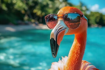 flamingo wearing oversized retro sunglasses vibrant pink feathers tropical beach background with palm trees and turquoise water