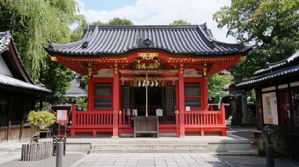 A serene shrine amidst lush greenery in a traditional Japanese landscape at midday