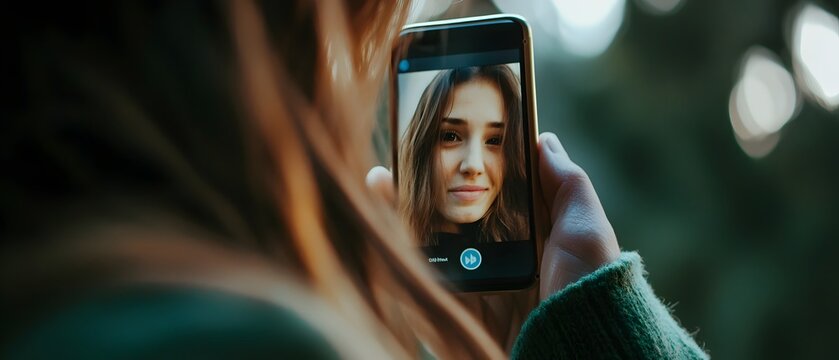 Woman using the video chat feature on a dating app highlighting the virtual connectivity options available for modern dating and relationship building in the digital age