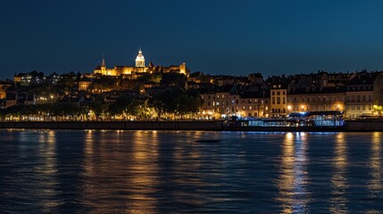 Fototapeta premium Evening lights illuminate the riverside of historic Lyon, showcasing its timeless beauty