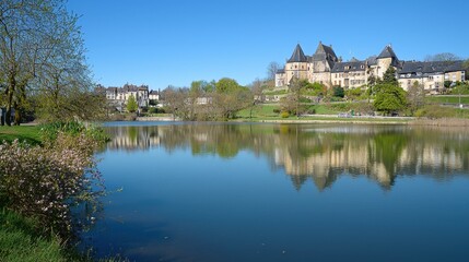 Fototapeta premium Majestic medieval castle reflected in serene waters of a tranquil lakeside park in spring