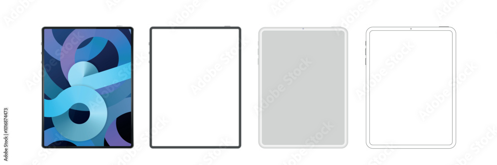Poster tablet mockup with blank screen in realistic, clay, flat vector, outline style. tablet mockup with b