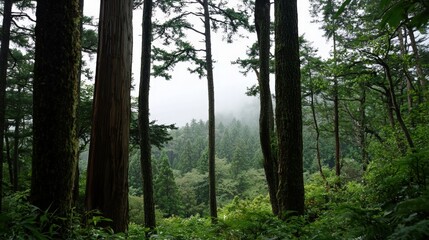 Obraz premium Misty forest landscape at dawn with towering trees and lush green undergrowth
