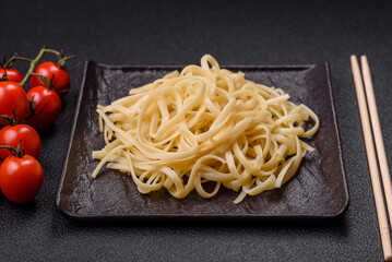 Rice noodles with beans, meat, tomato sauce, spices and herbs