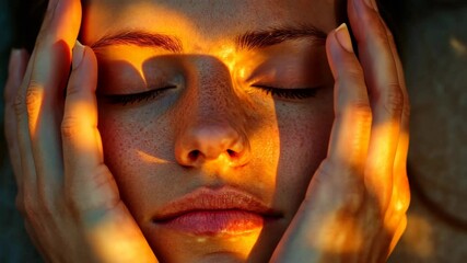 A woman's face is illuminated by the warm glow of the setting sun