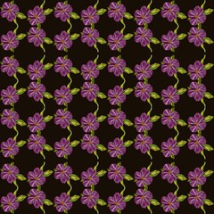 Floral print featuring purple flowers and green leaves on a dark background