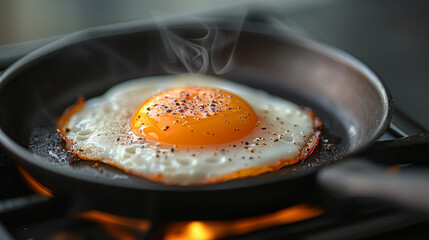 Fried egg cooking in a cast iron skillet is being seasoned with pepper while cooking over a stovetop burner