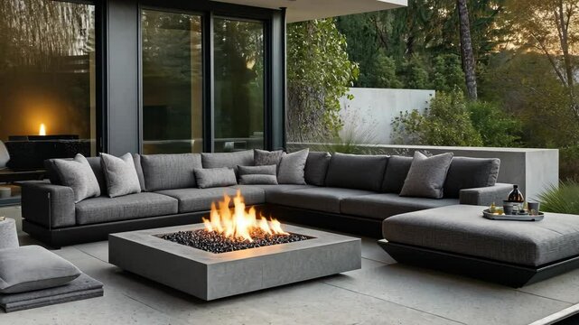 A modern outdoor space features a large sectional sofa, a concrete fire pit, and a gray ottoman