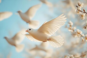 Fototapeta premium flock of white birds in flight against clear sky various graceful poses captured midmotion minimalist composition
