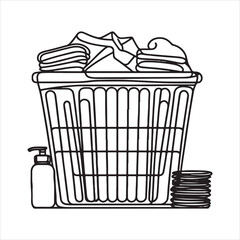 An illustration of a laundry basket ontinuous line drawing with black lines silhouette on white background
