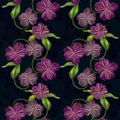 Vibrant floral design featuring purple blossoms on a deep blue background