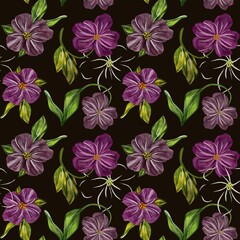 Beautiful floral pattern featuring purple flowers and green leaves on a dark background