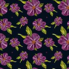 Vibrant floral pattern featuring purple flowers against a dark background