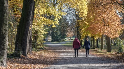 Fototapeta premium Couple strolls hand in hand along a picturesque autumn path lined with golden leaves