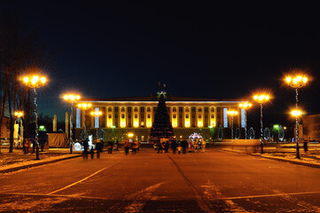 Fototapeta premium Veliky Novgorod Russia. Night view of Sofia Square during the New Year holidays in Veliky Novgorod, Russia