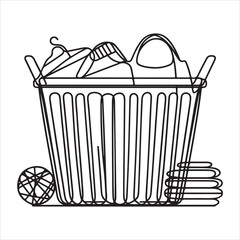 An illustration of a laundry basket ontinuous line drawing with black lines silhouette on white background
