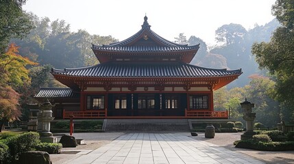 Naklejka premium Serene temple surrounded by vibrant autumn foliage in a tranquil garden setting
