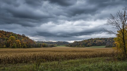 Fototapeta premium Dramatic autumn landscape with rolling hills and ominous clouds in a rural setting