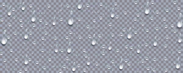 Rain transparent drops flow down the glass.Realistic wet condensation texture.Fresh water splash effect on the surface.Liquid spreading droplet shapes.