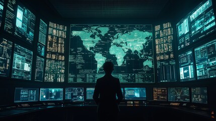 Cybersecurity expert monitors global network activity in hightech control room for threat analysis and data protection