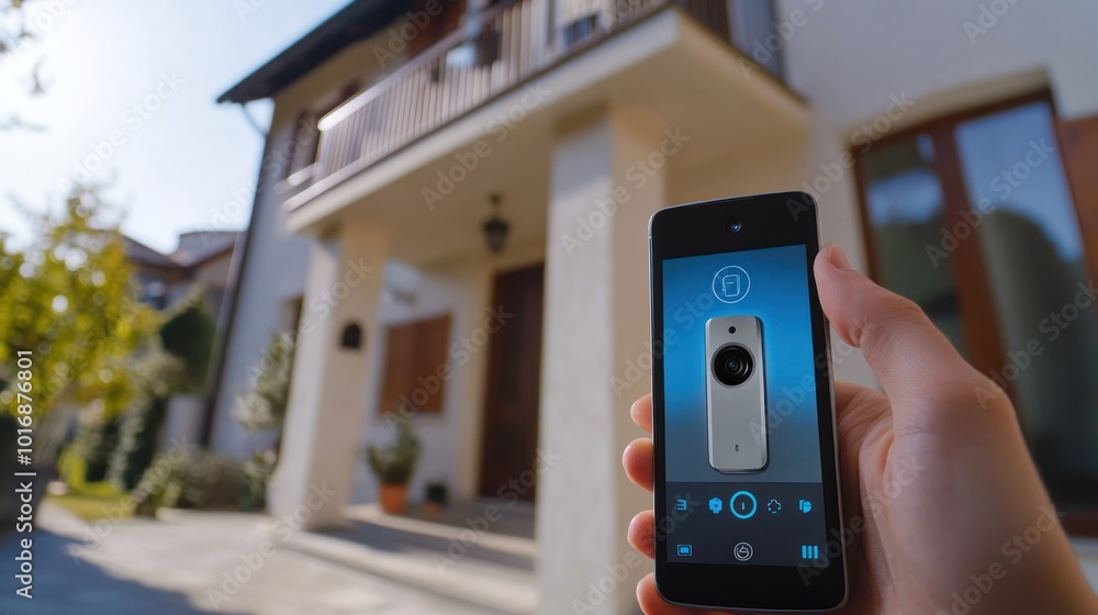 Poster a person using a smartphone to control a smart doorbell in front of a modern house.
