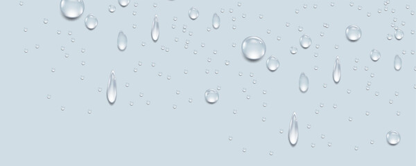 Rain transparent drops flow down the glass.Realistic wet condensation texture.Fresh water splash effect on the surface.Liquid spreading droplet shapes.