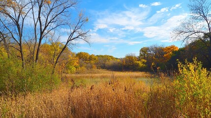 Obraz premium Vibrant autumn landscape showcasing golden grasses and colorful trees under a clear blue sky