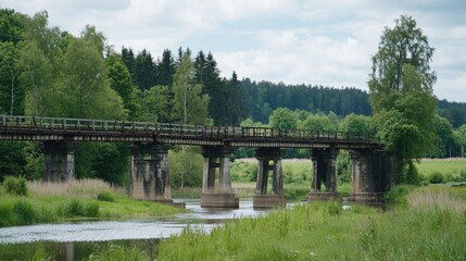 Tranquil bridge over a serene river surrounded by lush greenery on a bright summer day