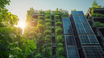 Eco-friendly building with lush vertical garden and solar panels on a sunny day