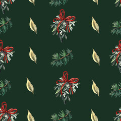 Christmas pattern with leaves and mistletoe