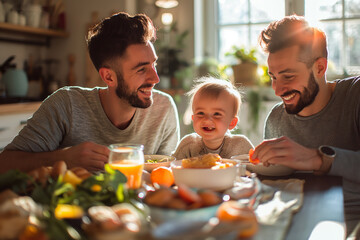 Gay couple with happy child enjoying breakfast. A heartwarming depiction of family love, bonding, and harmony. Ideal for marketing, editorial, and social awareness purposes.