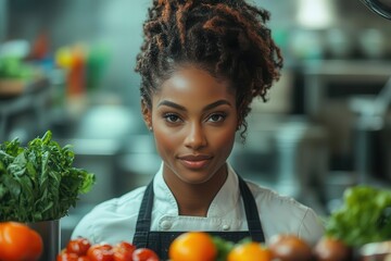 focused african american female chef expertly preparing gourmet dish in sleek professional kitchen surrounded by stainless steel appliances and fresh ingredients