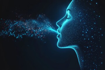 Fototapeta premium This is a futuristic artistic representation depicting the profile of a woman exhaling colorful cosmic particles