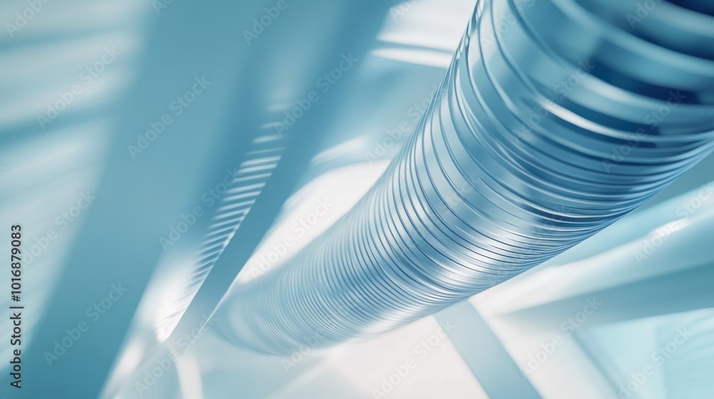 Poster a close-up view of a metallic duct or pipe, emphasizing smooth curves and reflective surfaces.