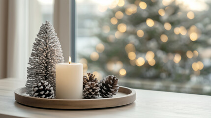 A lit candle sits on a tray surrounded by frosted pinecones, creating a cozy winter ambiance.