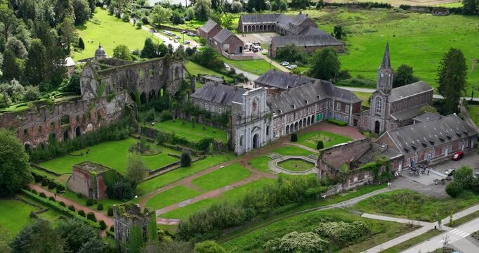 Ruins Abbey of Aulne at the Sambre , Gozee , Thuin, Belgium. Historic Monument heritage.