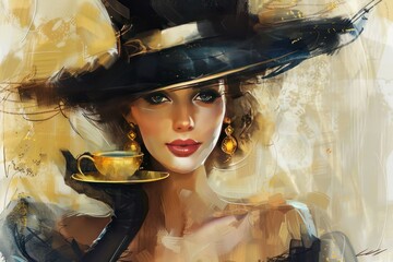 Elegant woman in black hat with gold earrings, long gloves on hands, sipping coffee, detailed artistic portrait