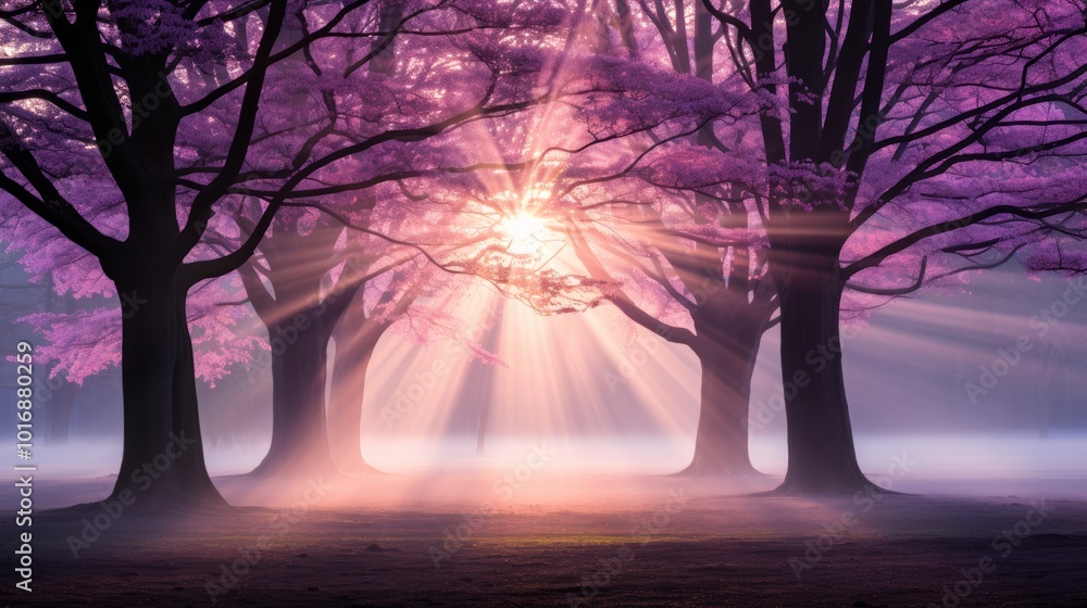 Poster enchanting forest landscape in soft pastels with ethereal fog and abstract trees creating magic