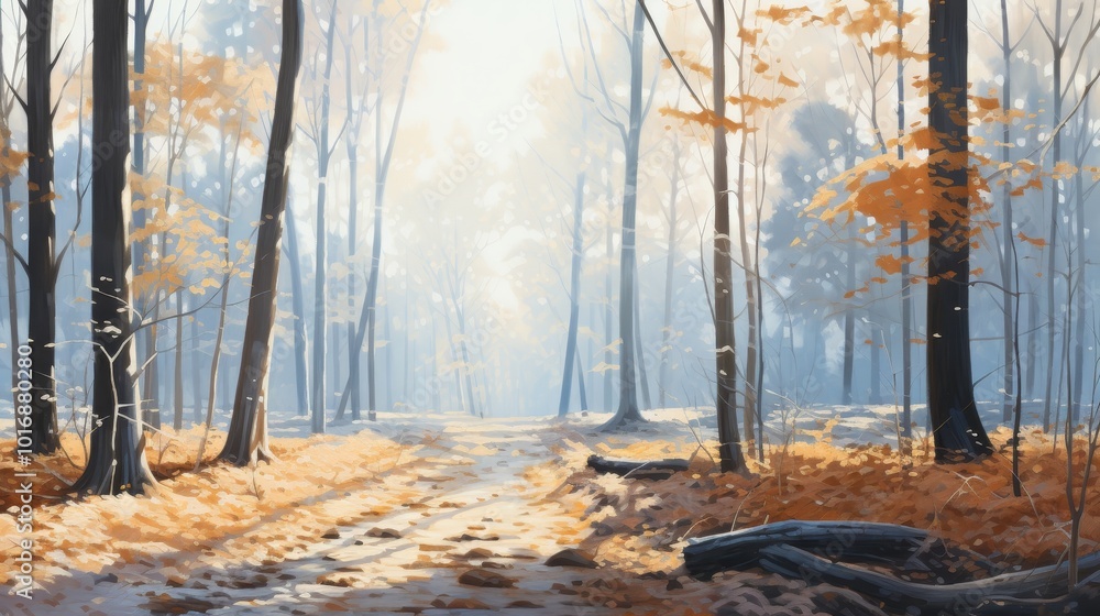 Poster enchanting forest scene in soft pastels with a dreamy fog creating a magical atmosphere