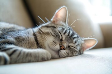 Close-Up of a Grey and White Cat Sleeping on the Sofa at Home. AI generated illustration