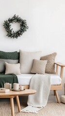 Cozy living room with a wooden sofa and a Christmas wreath.