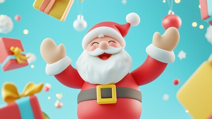 Joyful cartoon Santa Claus surrounded by floating gifts and ornaments