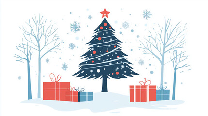 Obraz premium An illustration of Christmas trees and gift boxes clip arts on white background.